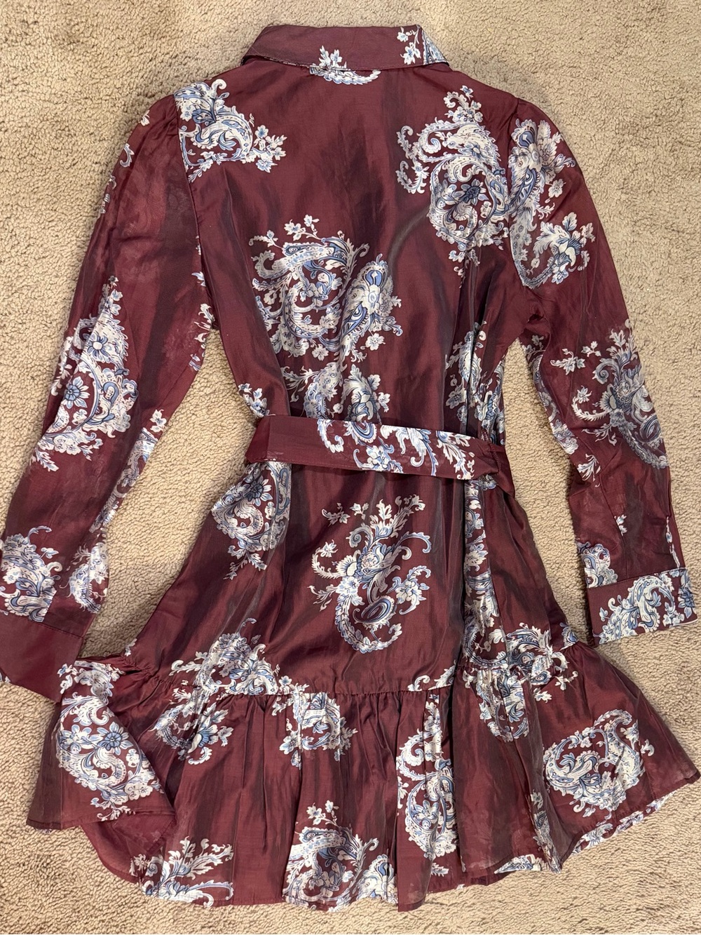 Paisley-Print Long Sleeve Tie-Waist Dress in Burgundy - Picture 2 of 6